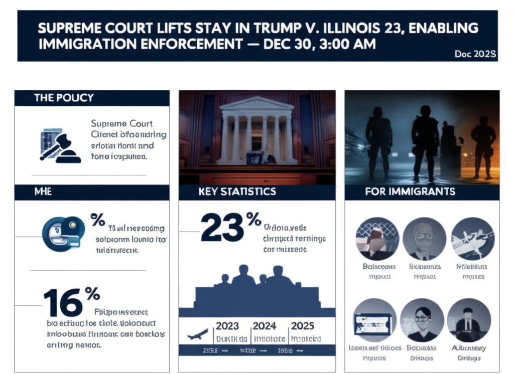 Supreme Court Lifts Stay in Trump v. Illinois on Dec 23, Enabling Immigration Enforcement — Dec 30, 2025, 3:00 AM - Key Statistics